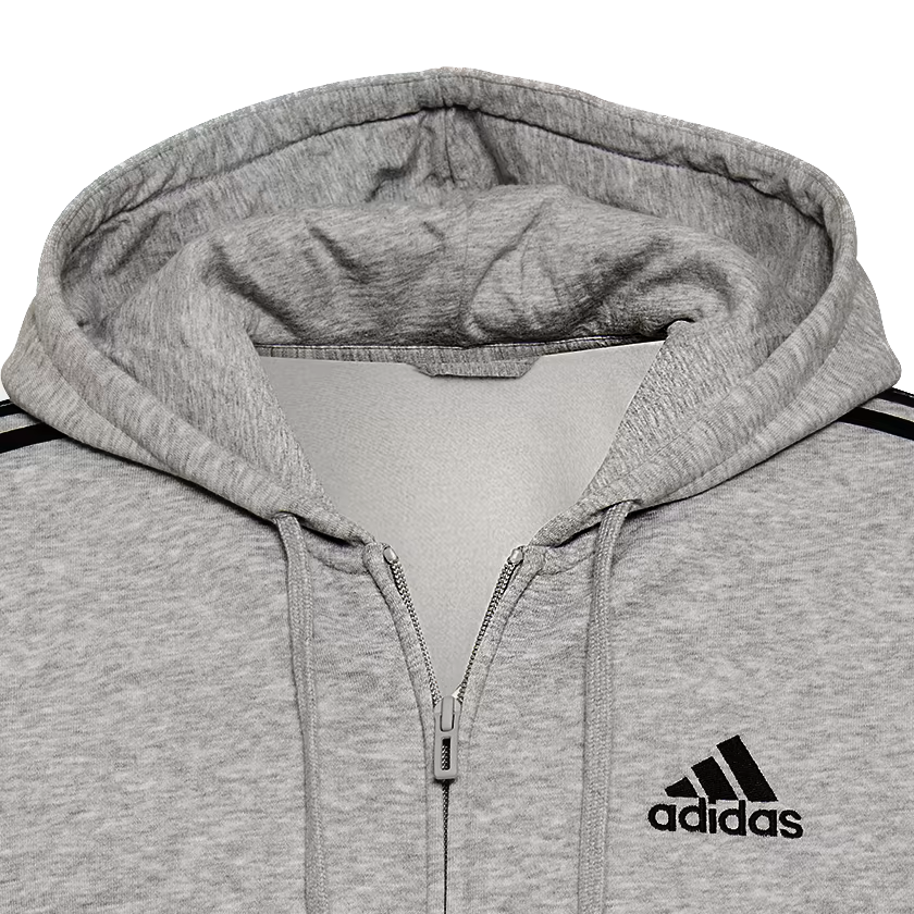 Adidas Essentials Fleece 3-Stripes Full-Zip Hoodie Grey